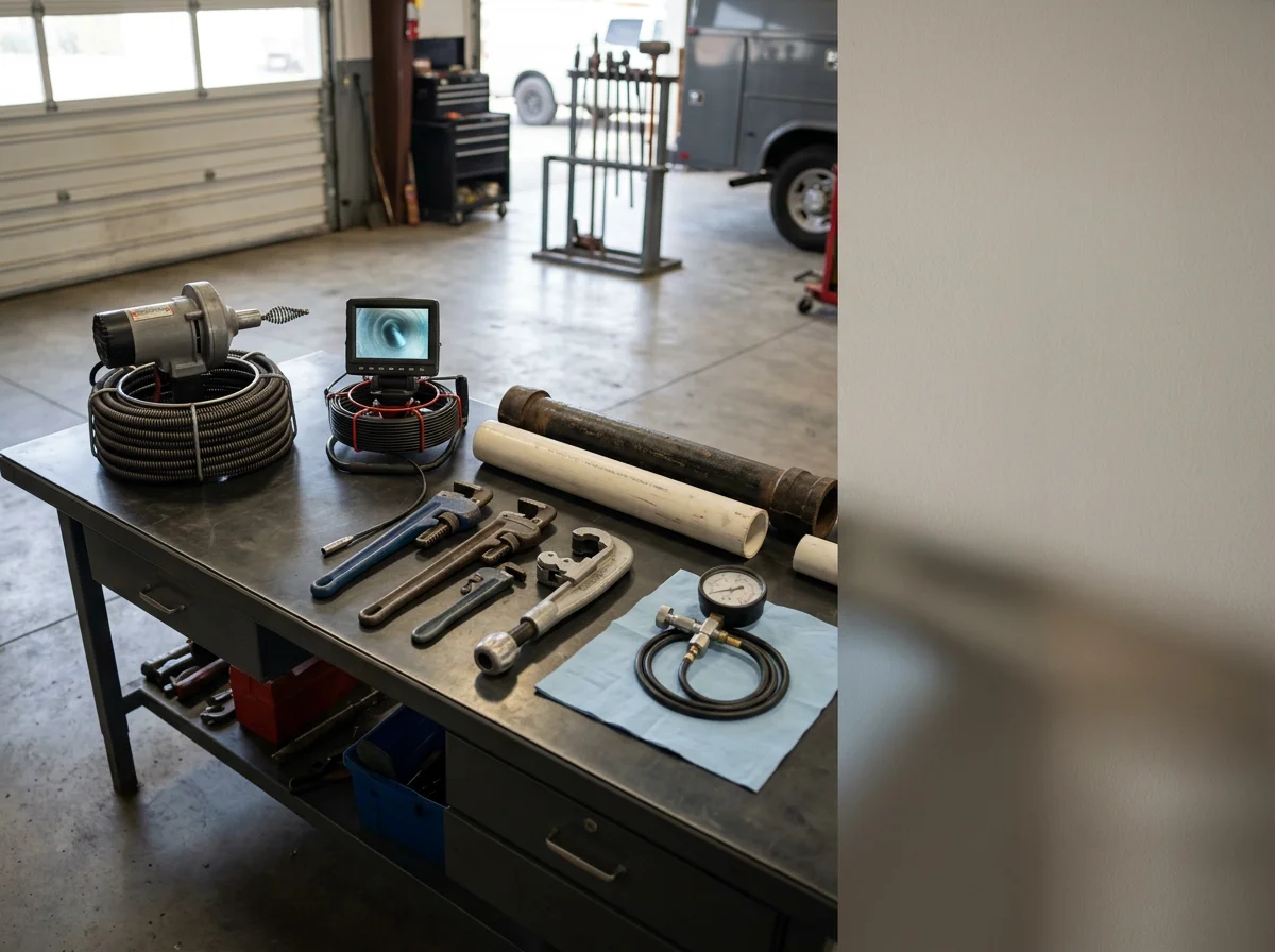 Professional plumbing tools and equipment arranged on a work surface, representing the specialized drain and sewer repair services offered.