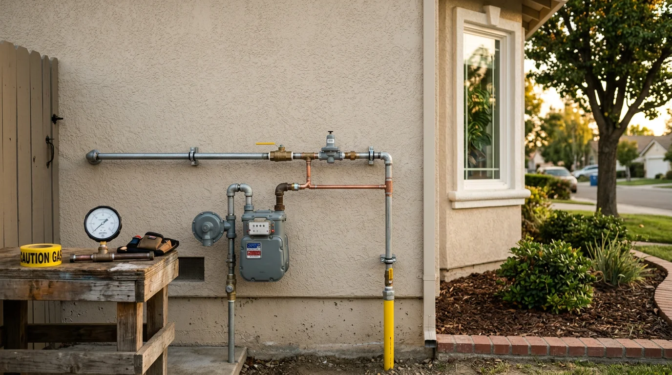 Technician installing a gas line connection in a residential kitchen