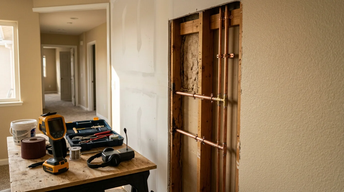 Plumber repairing a burst water pipe under a kitchen sink