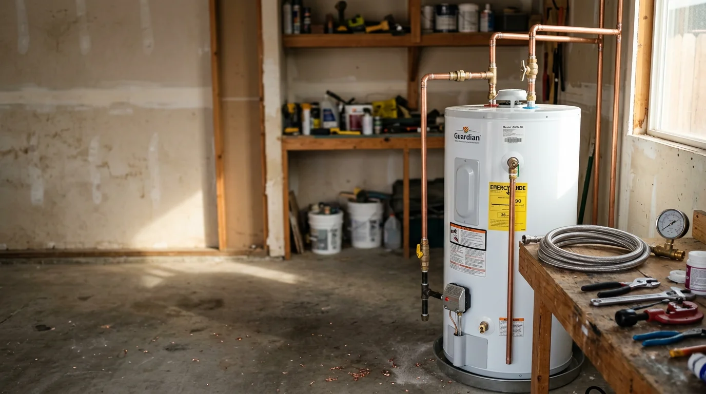 Plumber installing a new water heater in a residential basement