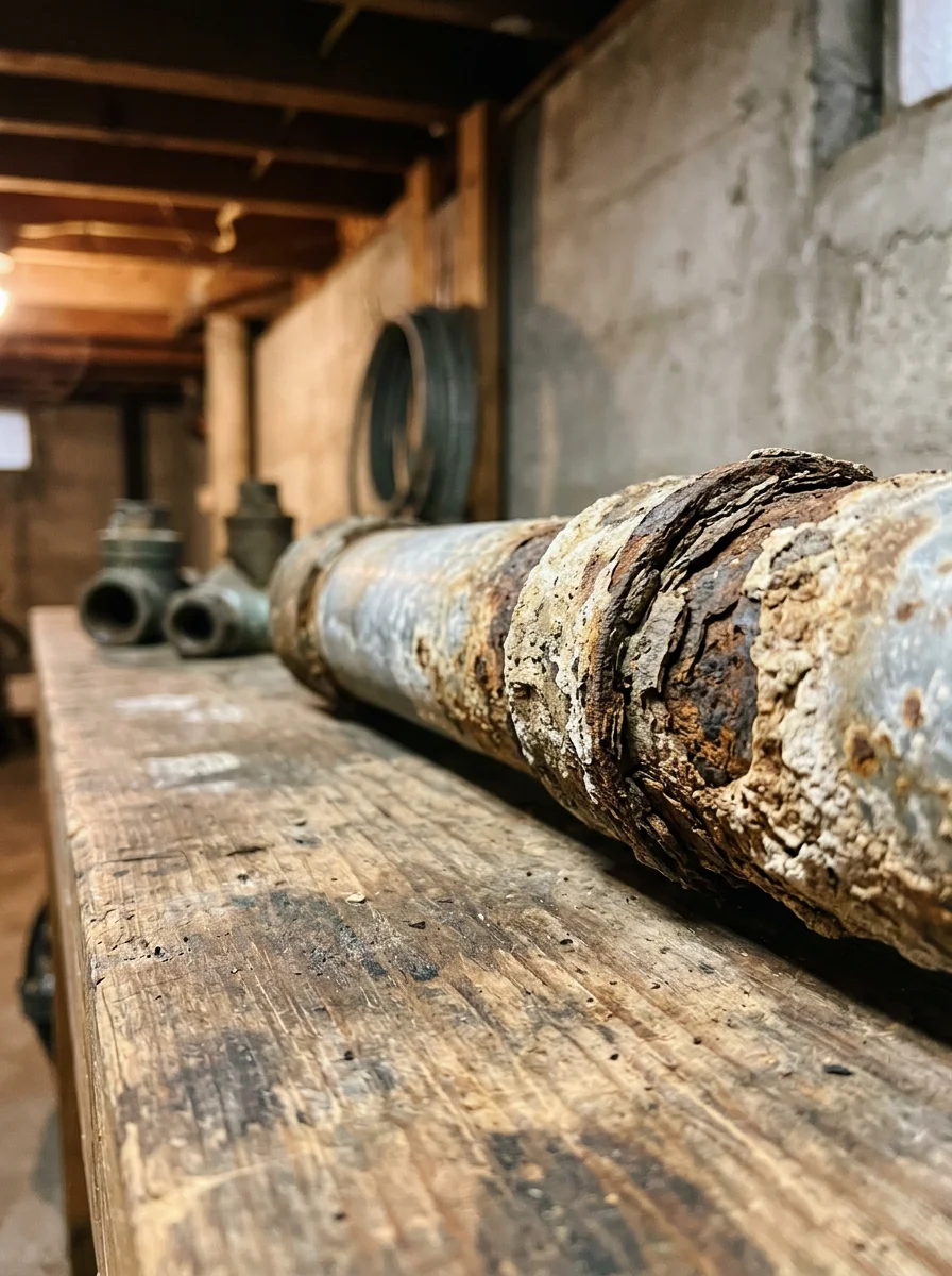 Close-up of corroded galvanized steel supply pipe removed from a pre-1940 Berkeley home during a repipe service.