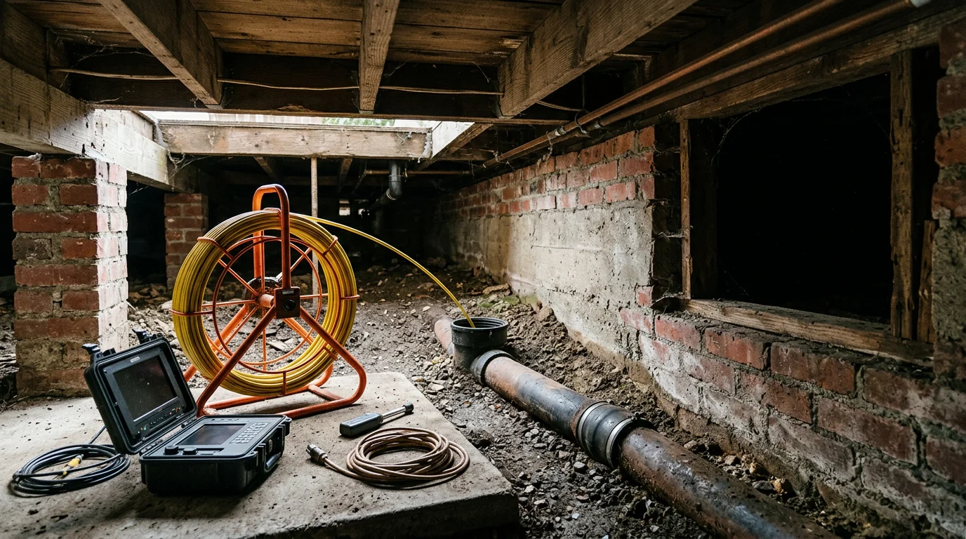 Plumber performing a camera inspection on a clay sewer lateral beneath an older Oakland bungalow with a raised foundation.