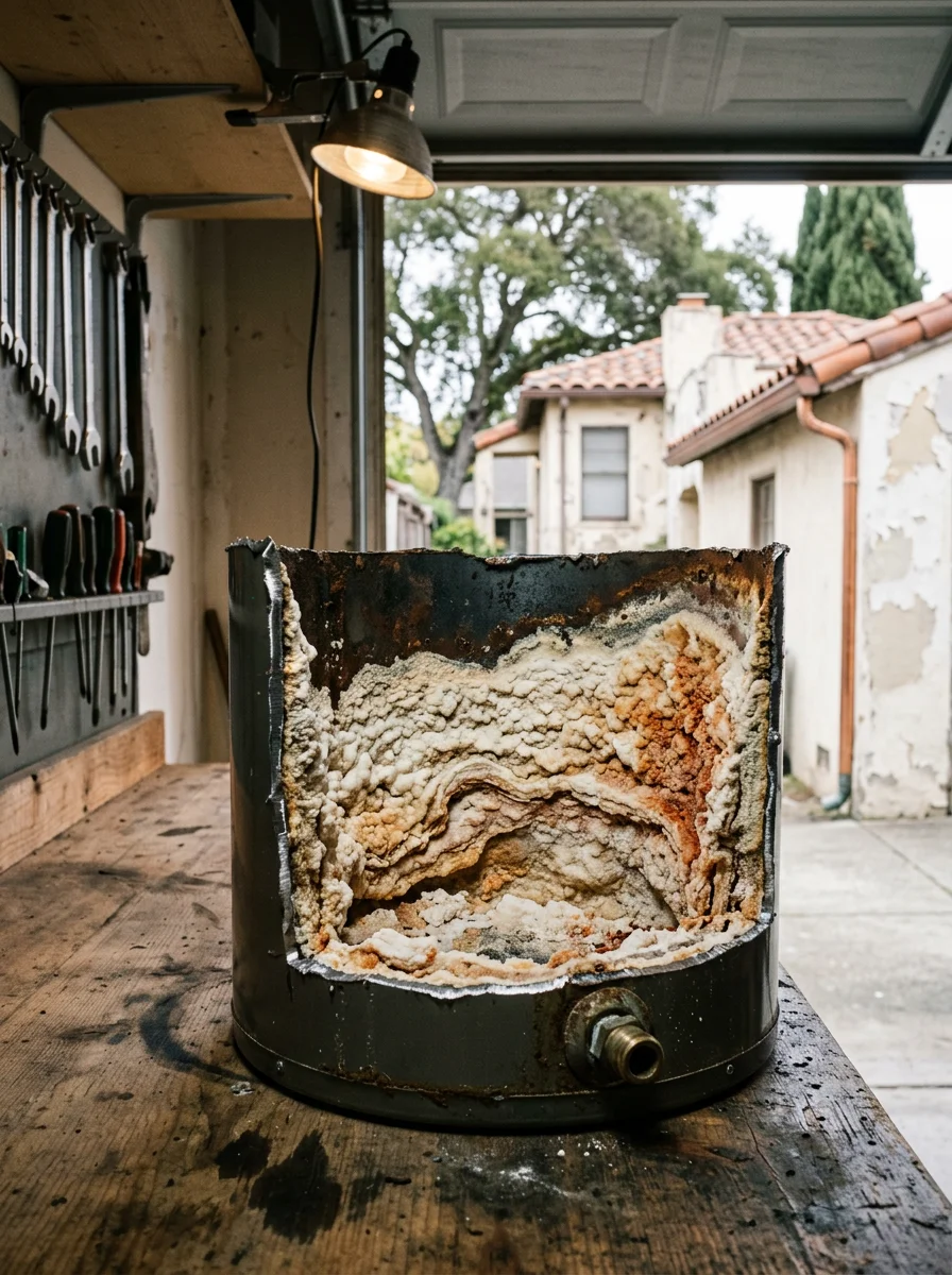 Mineral scale buildup inside a water heater tank removed from a Contra Costa County home served by hard Delta water.