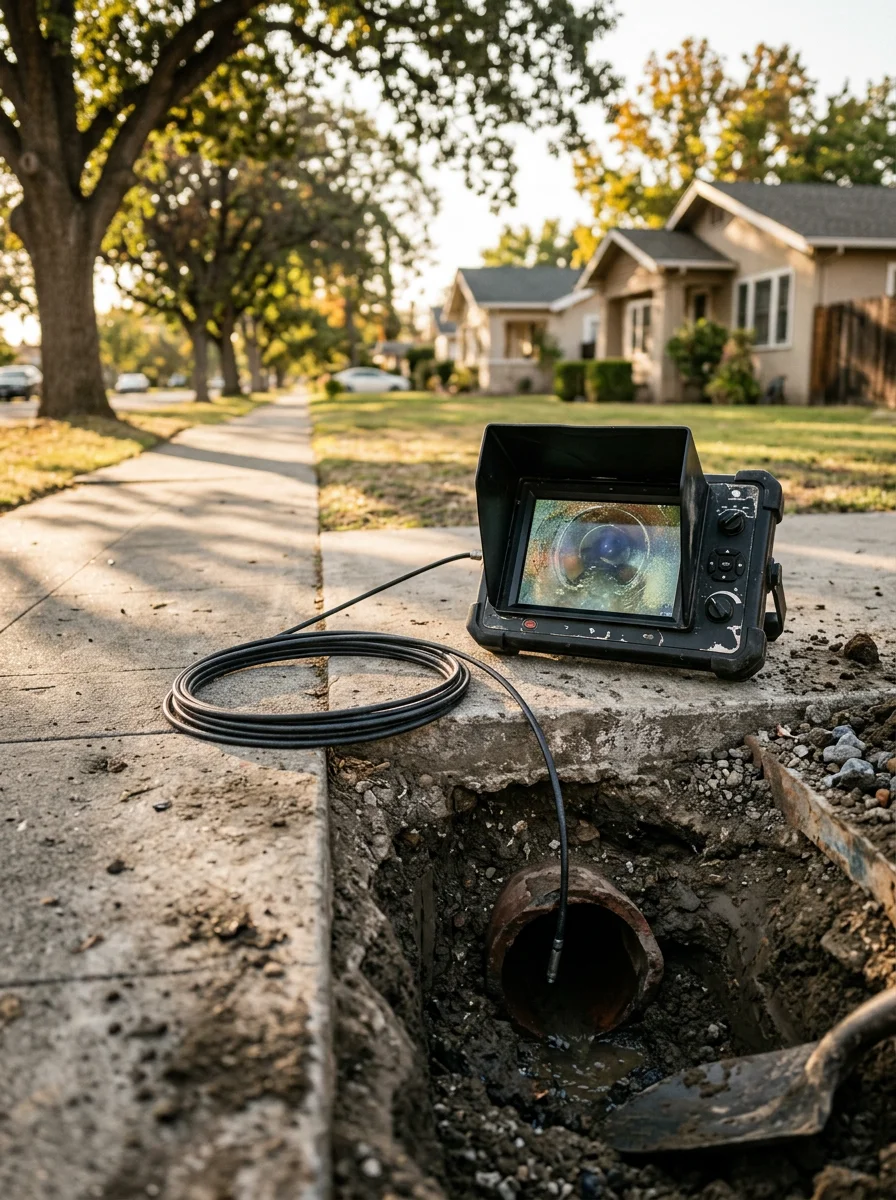 Camera inspection equipment being used to assess a clay sewer lateral in an older Manteca neighborhood near the downtown core.
