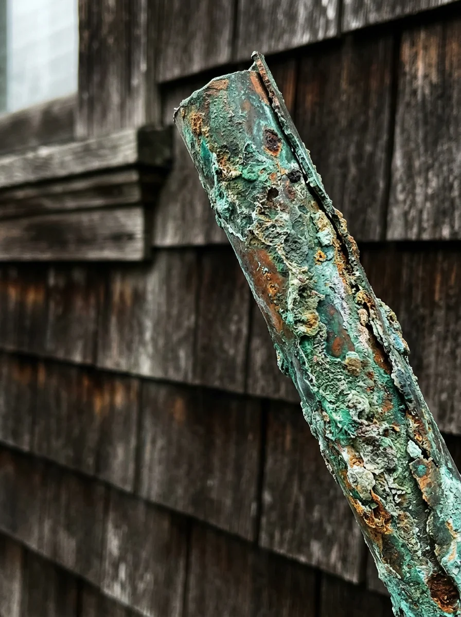 Corroded copper pipe with green mineral deposits removed from a Sausalito coastal home showing salt-air accelerated corrosion damage.