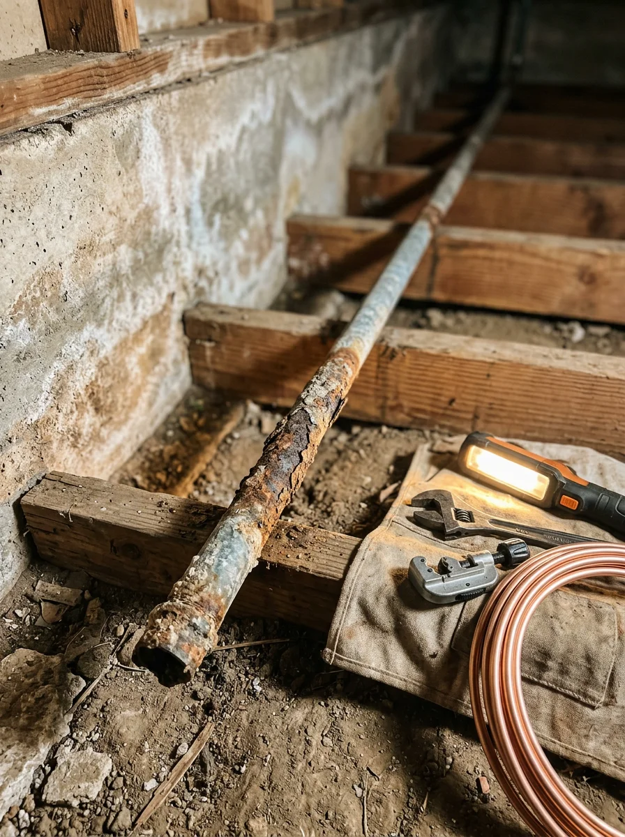 Corroded galvanized supply pipe being removed from the crawlspace of an older Land Park home during a full repipe service.