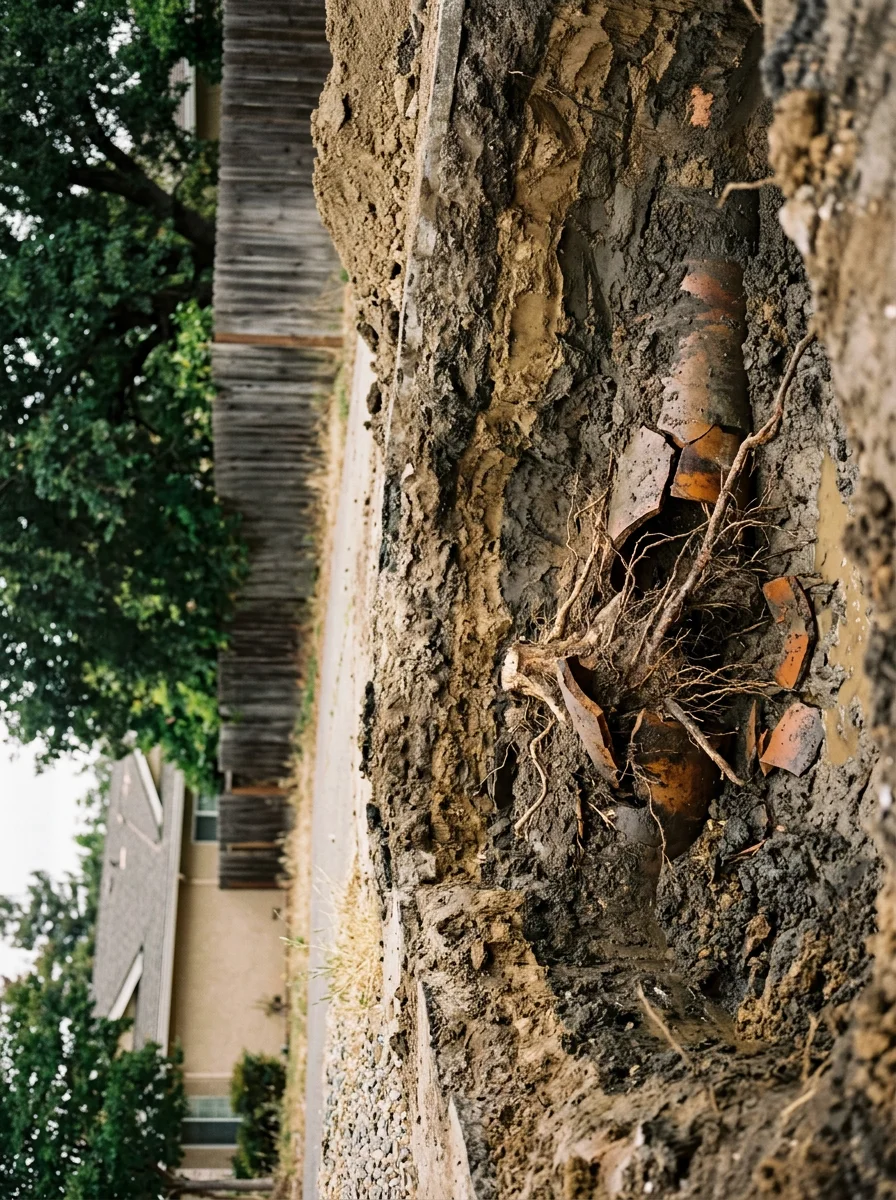Excavated section of a collapsed clay sewer pipe from a Stockton property showing root intrusion and Delta soil damage.