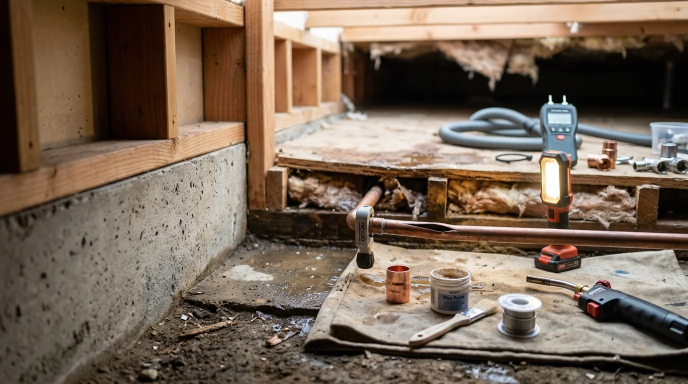 A plumber repairing a burst galvanized supply pipe inside the crawl space of an older Alameda County home. Water-stained framing and an exposed pipe section are visible in the foreground.