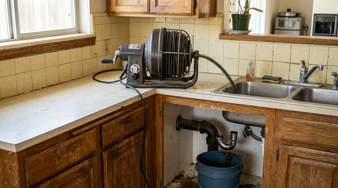 A plumber clearing a clogged kitchen sink drain in an Alameda County home, with professional drain cleaning equipment visible on the counter. The drain line runs beneath the sink cabinet in a residential setting typical of the East Bay area.