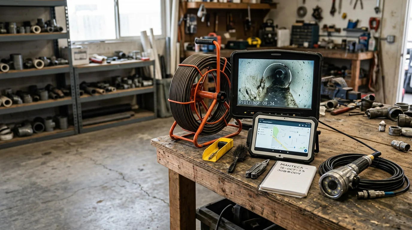 A plumber feeding a flexible camera cable into a drain cleanout at a residential property in Alameda County. The monitor beside the technician displays a live view of the interior of an aging clay drain pipe.