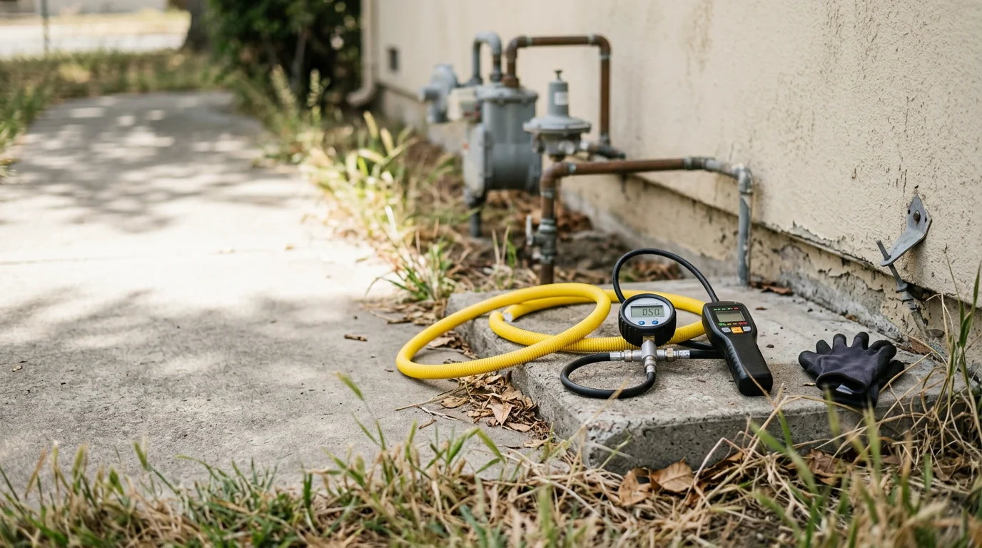 A plumber inspecting an exposed residential gas line at a home in Alameda County, using a pressure gauge to test for leaks after an emergency call.