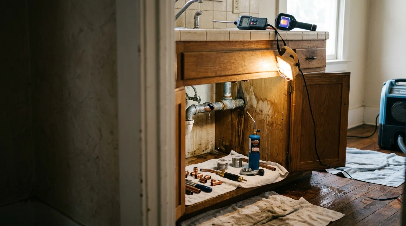 A plumber diagnosing an active pipe failure beneath the floor of an older Alameda County home with visible corroded galvanized supply lines. Water damage is visible on surrounding framing, showing the urgency of emergency plumbing repair.