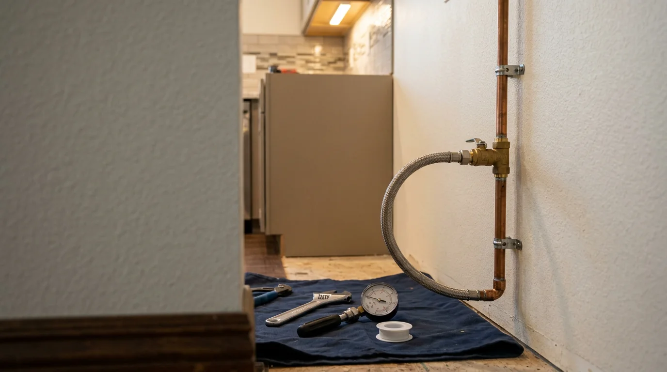 A plumber securing a flexible gas connector to a residential range in an Alameda County kitchen, with a shut-off valve visible at the supply line. The connection is complete and ready for pressure testing.