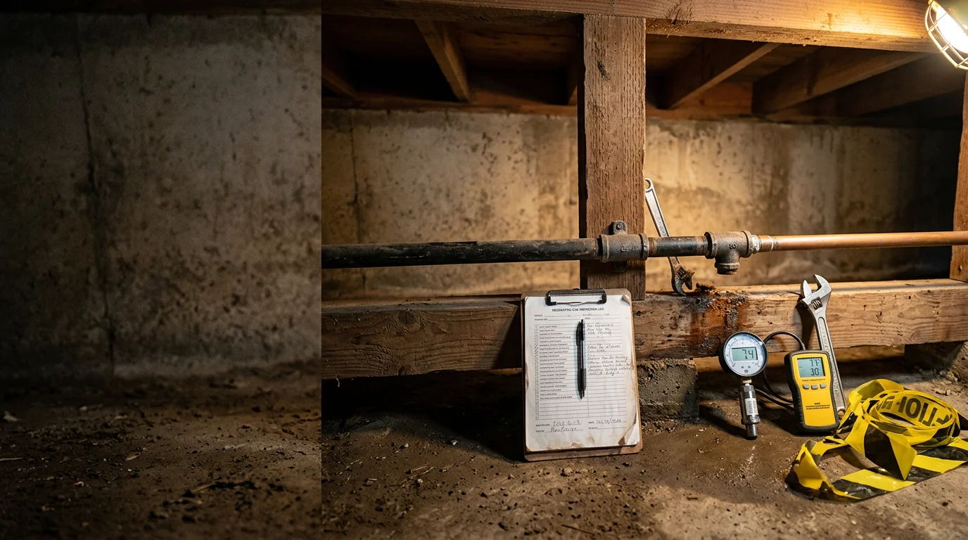 A plumber inspecting exposed gas piping and fittings beneath a residential home in Alameda County. The technician checks pipe connections and looks for signs of corrosion along the gas line.