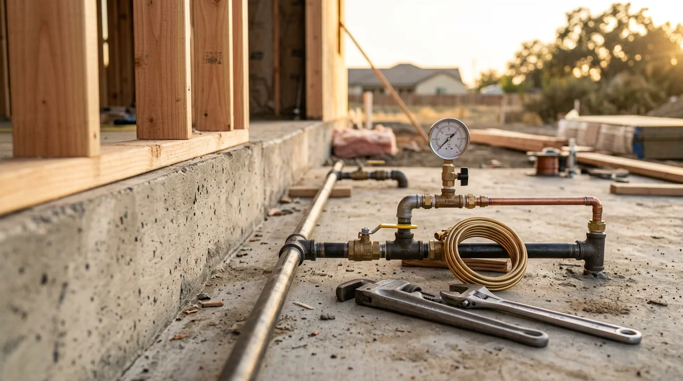 A plumber running new gas piping through the wall of a residential home in Alameda County. The line connects to a shutoff valve with clean, code-compliant fittings visible at each joint.