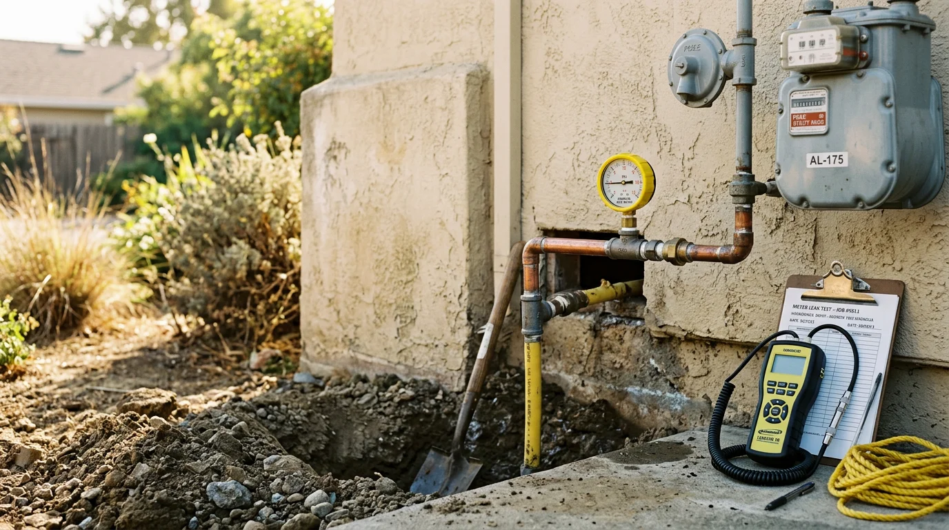 A plumber inspecting an exposed residential gas line connection beneath a home in Alameda County, checking fittings and pipe condition for signs of corrosion or leaks.