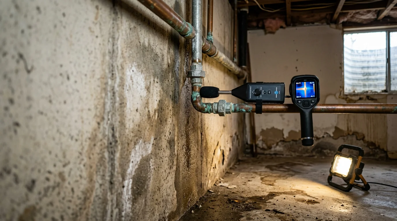 A plumber using an acoustic leak detection device on the floor of an Alameda County home to locate a hidden slab leak beneath a concrete foundation. The technician is working in a residential setting with no visible wall or floor damage from the inspection process.