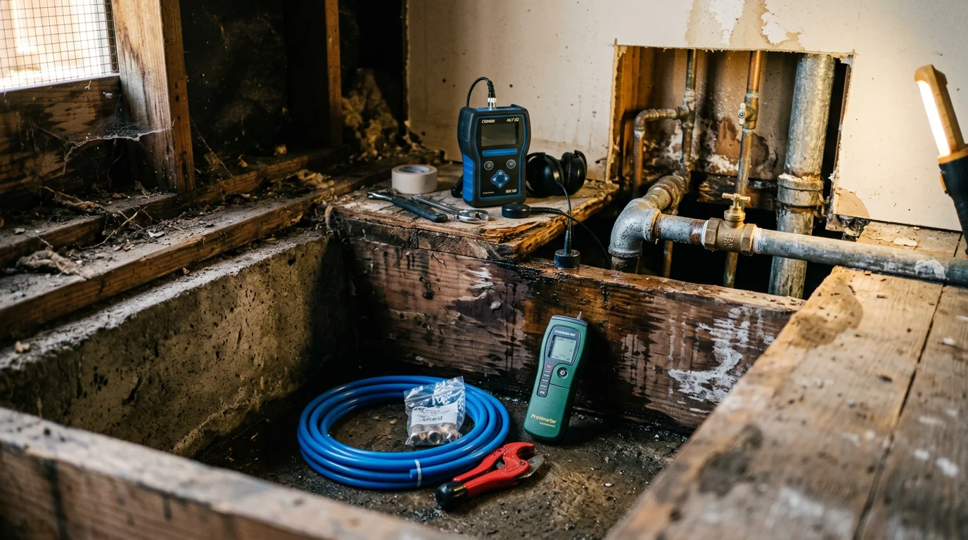 A plumber tracing and repairing a corroded supply line pipe beneath a home in Alameda County. Close-up view of the repaired pipe joint with visible water staining on surrounding framing indicating a prior slow leak.