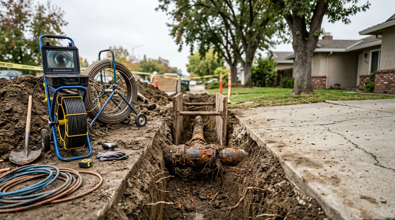 A plumber in Alameda County feeding a resin-saturated liner into a damaged underground sewer pipe through a small access point. The surrounding yard and driveway remain undisturbed during the pipe lining process.