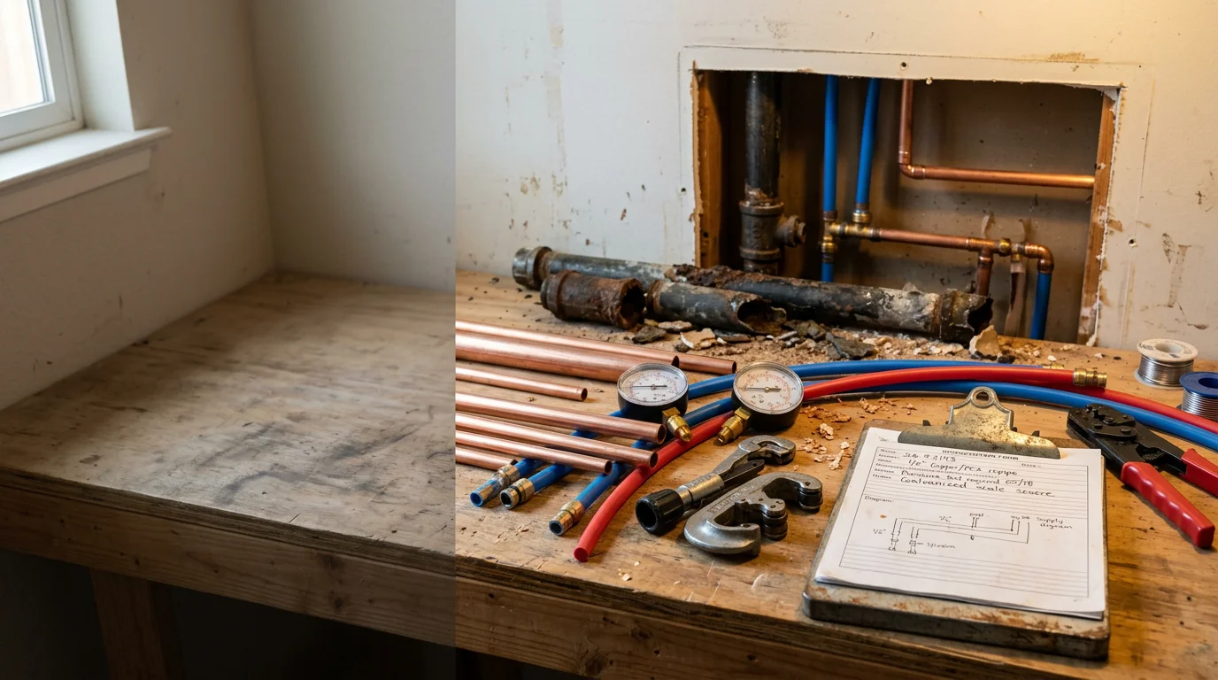A plumber replacing corroded galvanized water supply lines inside the wall of an older home in Alameda County, California. New pipe runs alongside removed sections of rusted pipe during a whole-home repiping project.