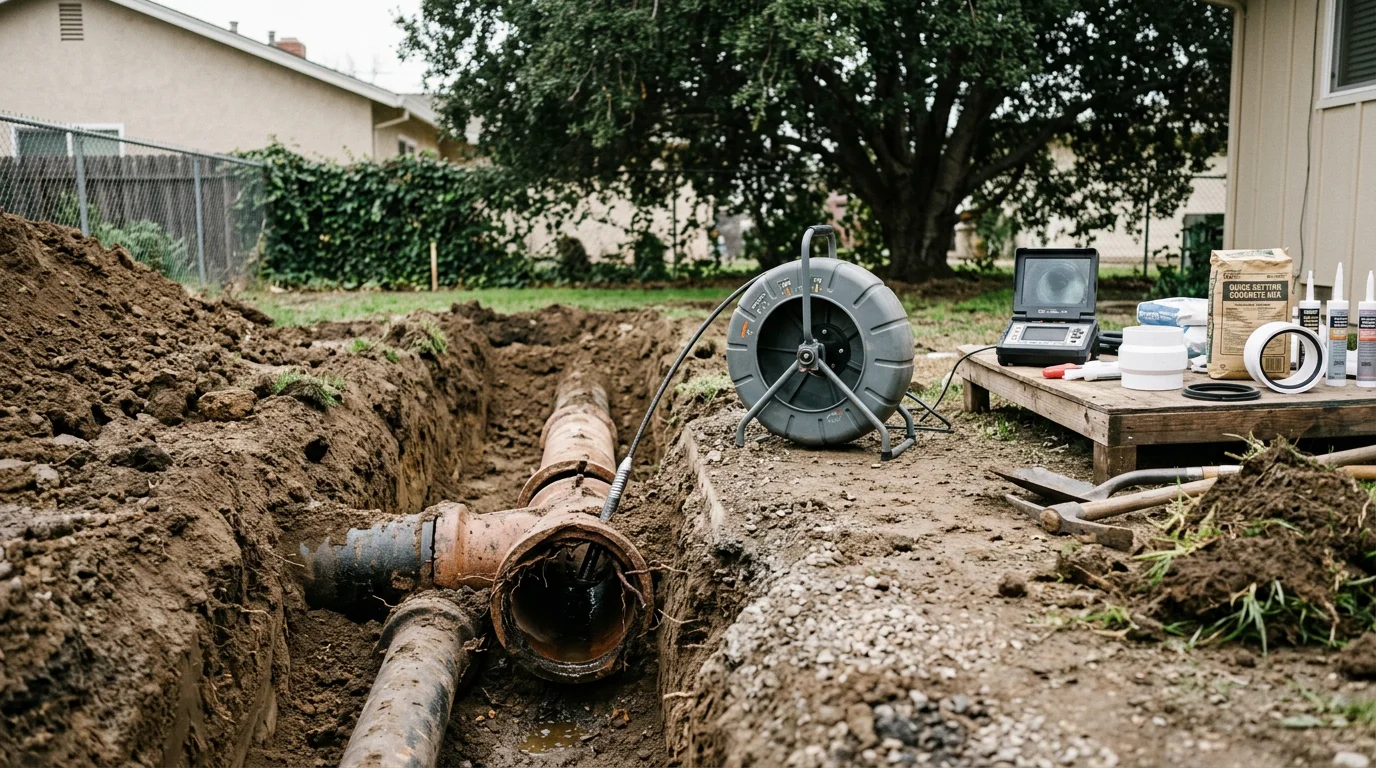 A plumber inspecting an exposed residential sewer line trench in an Alameda County yard, showing a cracked clay pipe section with visible root intrusion and offset joints. The surrounding soil shows signs of moisture damage consistent with an underground sewer leak.