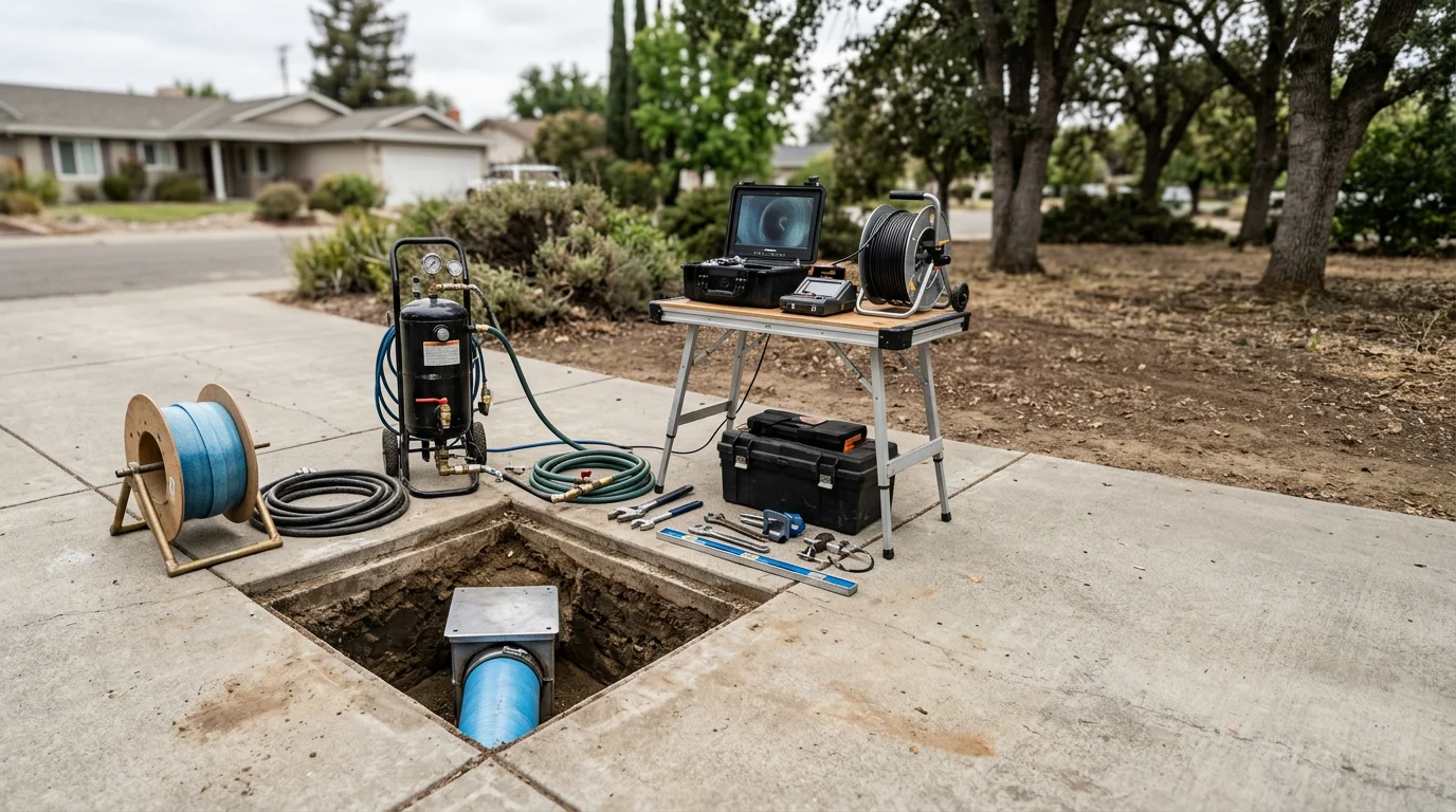 A trenchless sewer repair access point in an Alameda County residential yard, showing a small excavated opening beside an intact lawn with no full trench visible. A plumber feeds equipment into the pipe opening to repair an aging sewer lateral beneath the property.