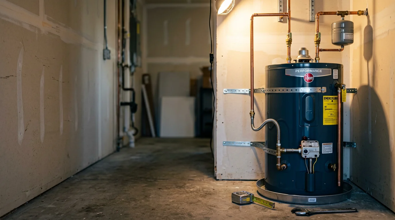 A newly installed water heater with seismic straps secured to the wall inside a residential utility space in Alameda County. The unit is upright, properly strapped at the upper and lower thirds, with water supply lines and a pressure relief valve visible.