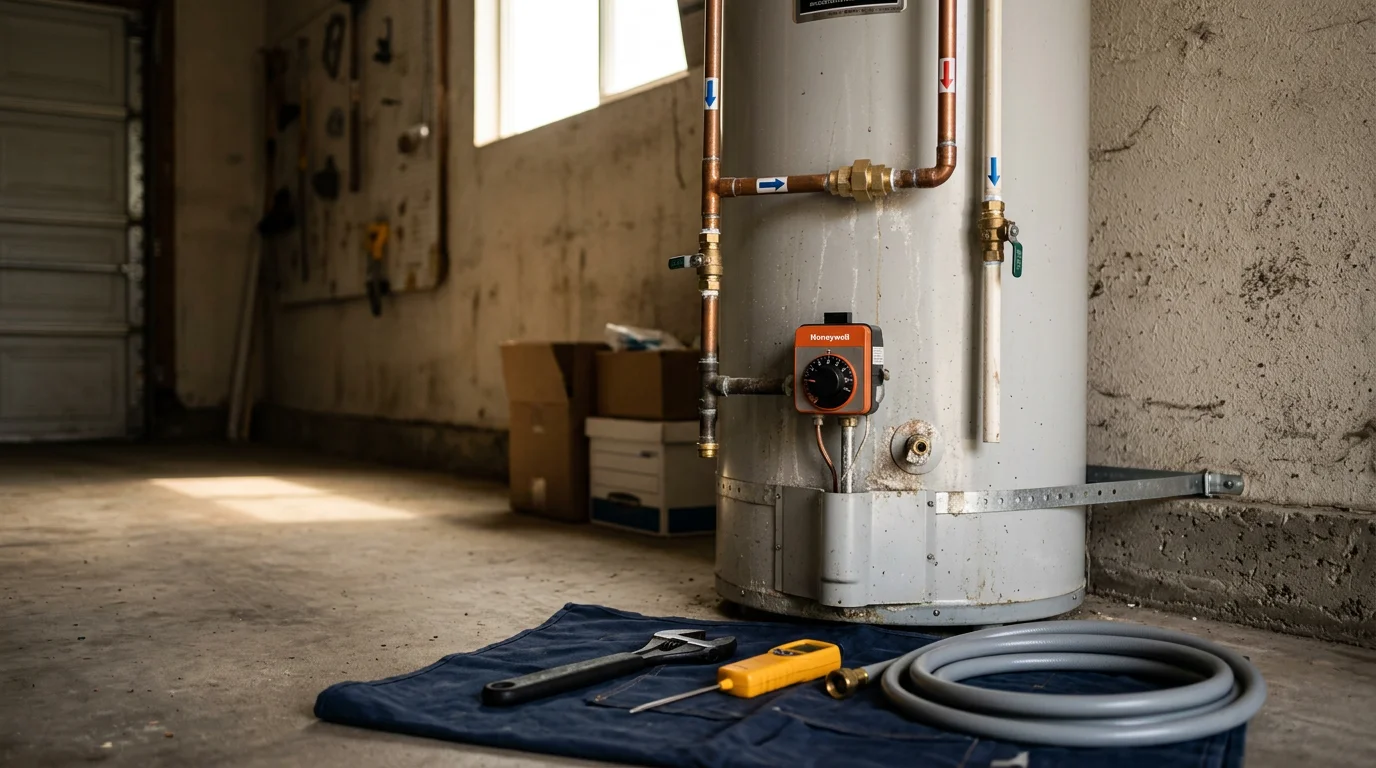 A plumber inspecting the thermostat and connections on a residential tank water heater inside a garage in Alameda County, California. The unit shows visible mineral scale near the base, common in harder-water areas of the county.
