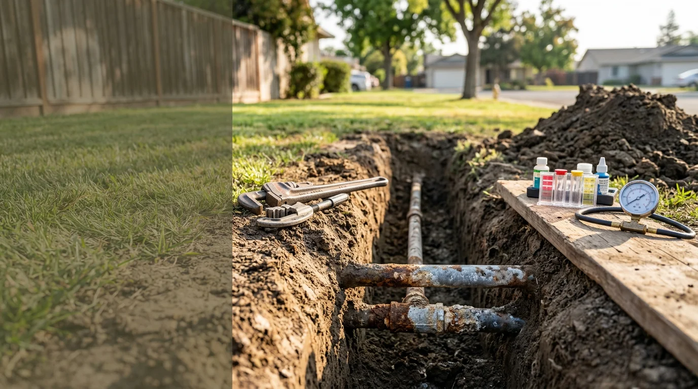 A plumber inspecting an exposed underground water supply line at a residential property in Alameda County. The image shows corroded pipe sections and surrounding soil near the water meter connection point.