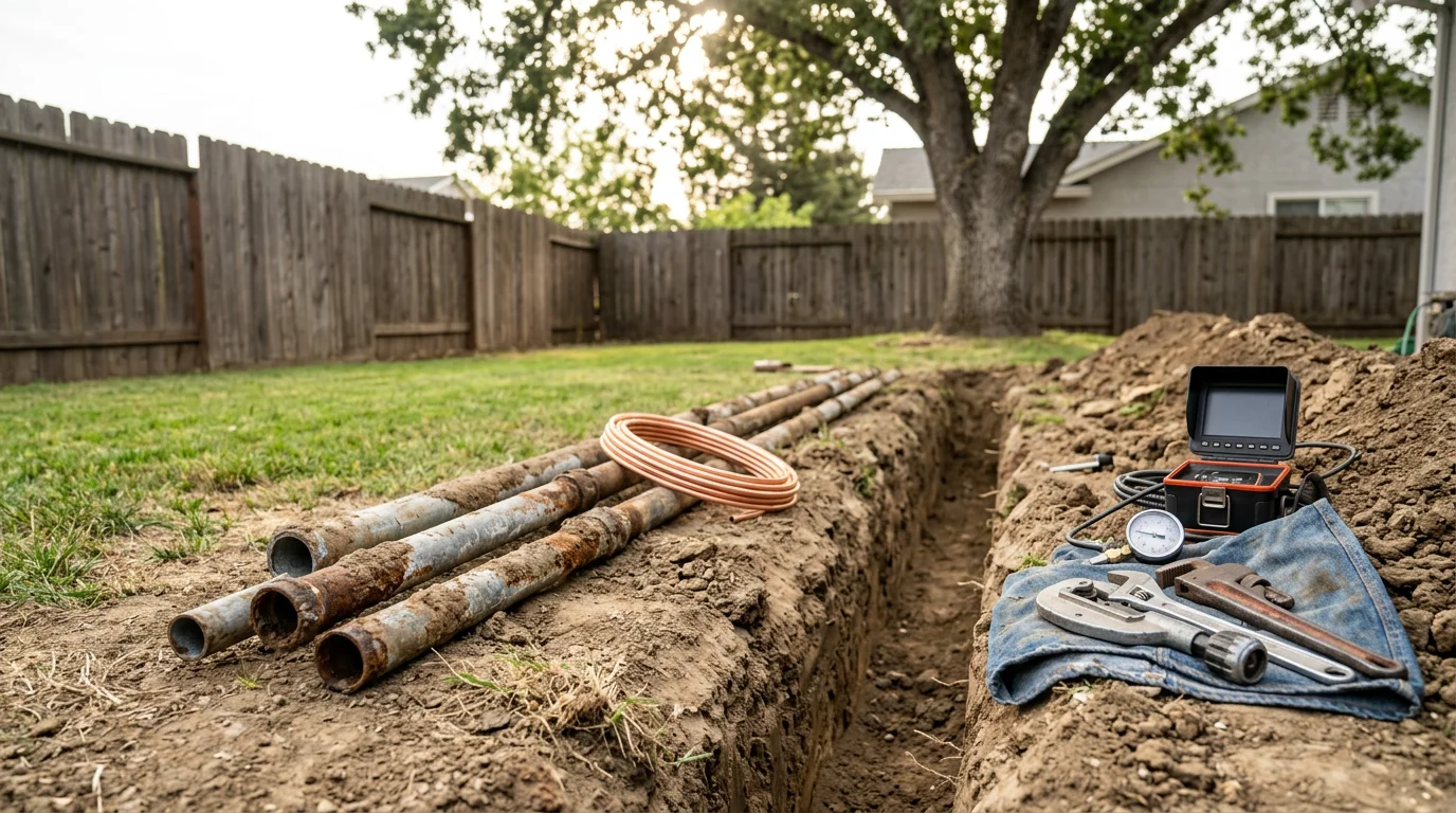 A freshly replaced residential water supply line running from the meter to a home in Alameda County, with exposed trench showing new pipe installed in the yard. Close-up view of the connection point where old corroded galvanized pipe meets the new supply line during a water line replacement service.
