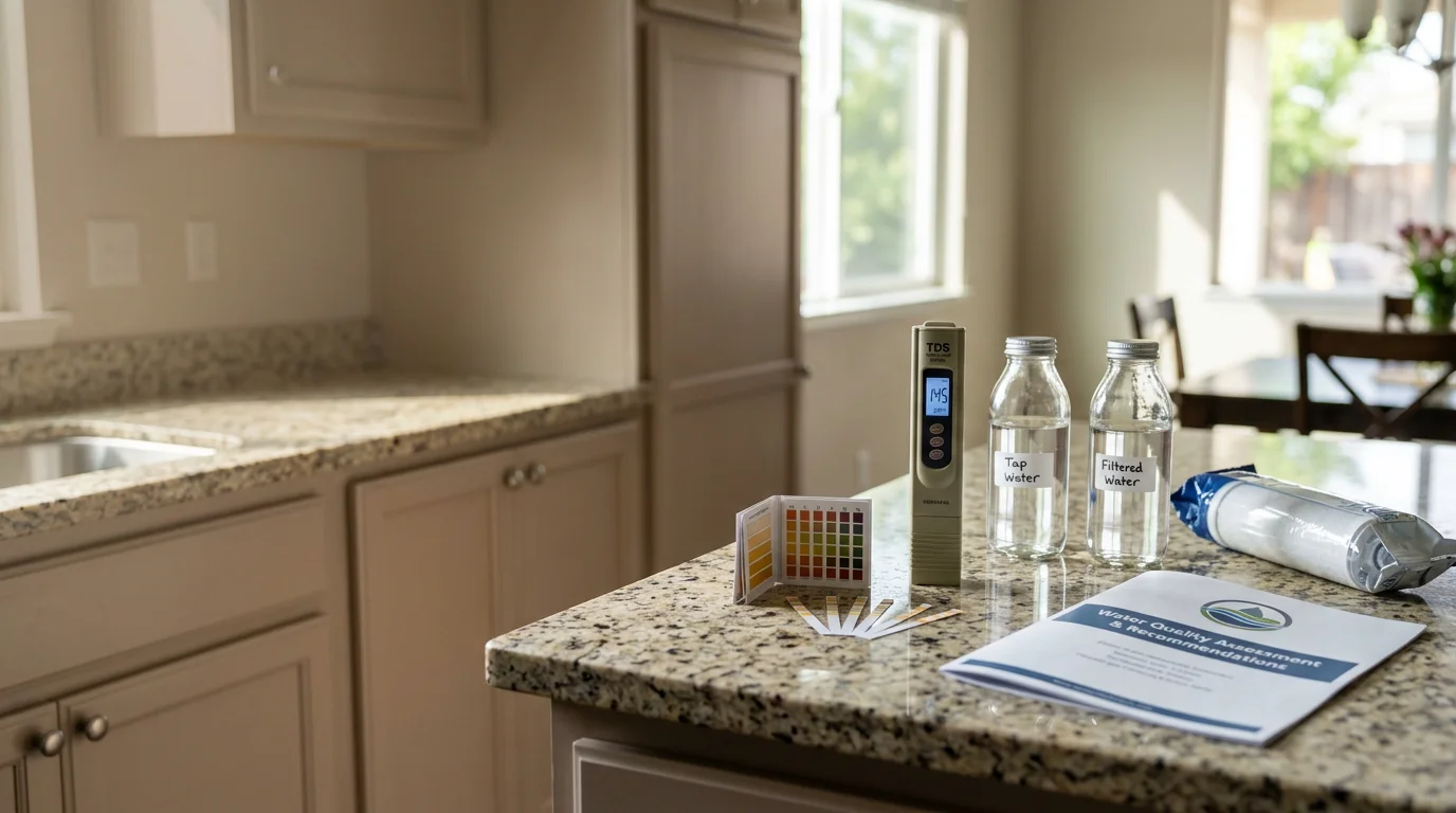 A plumber reviewing water test results with a homeowner in a kitchen in Alameda County, California. A water treatment system is visible under the sink in the background.